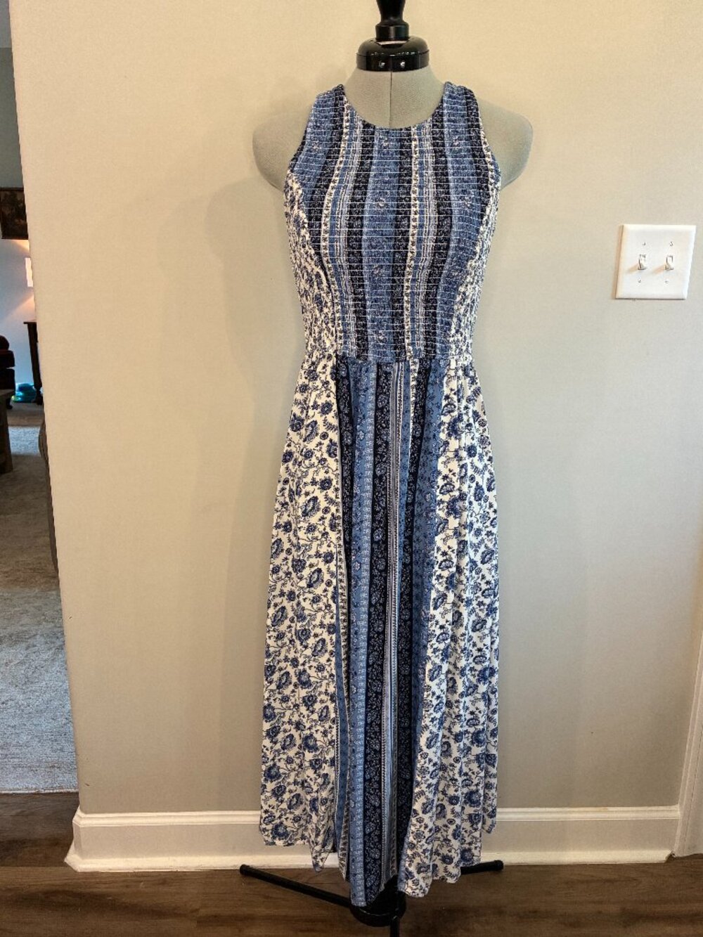 JAPNA Blue White Patchwork Floral Maxi Dress Boho Paisley Sleeveless